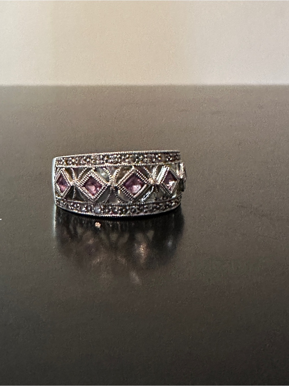 Sterling Silver Ring with Pink Gem Accents